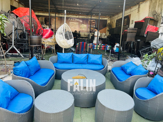 Premium Outdoor Rattan Sofa Set – Blue Cushions