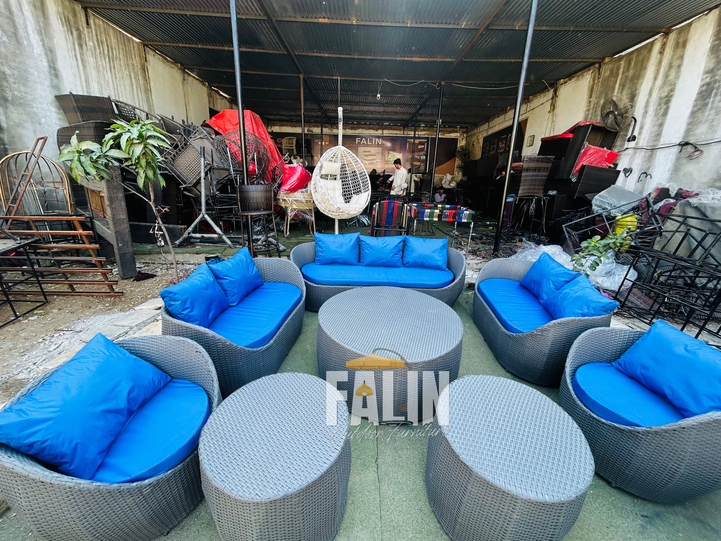 Premium Outdoor Rattan Sofa Set – Blue Cushions