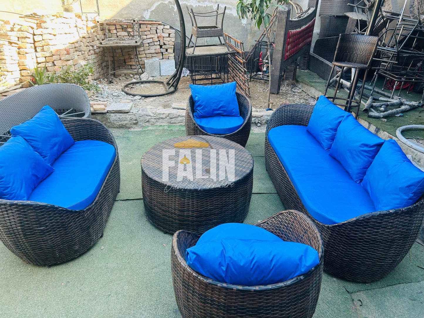 Premium Outdoor Rattan Sofa Set – Blue Cushions