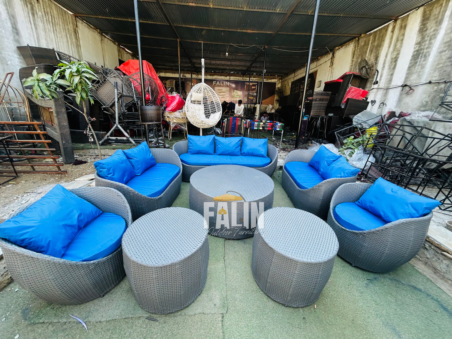 Premium Outdoor Rattan Sofa Set – Blue Cushions