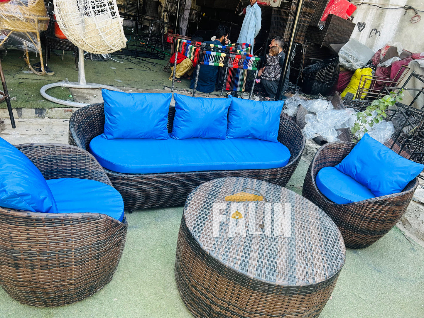 Premium Outdoor Rattan Sofa Set – Blue Cushions