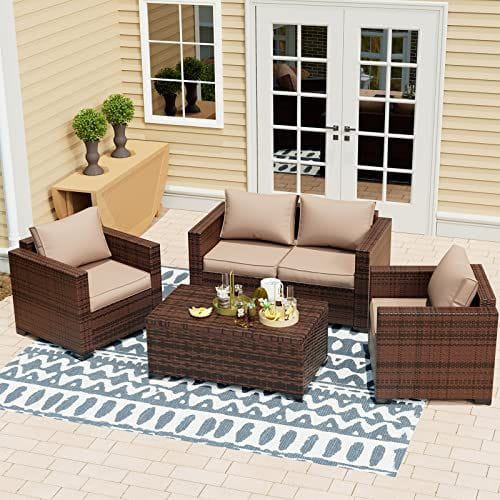 JOIVI Patio Furniture Set, 4 Pieces PE Rattan Sofa Set, Coffee Table with Tempered Glass, Beige
